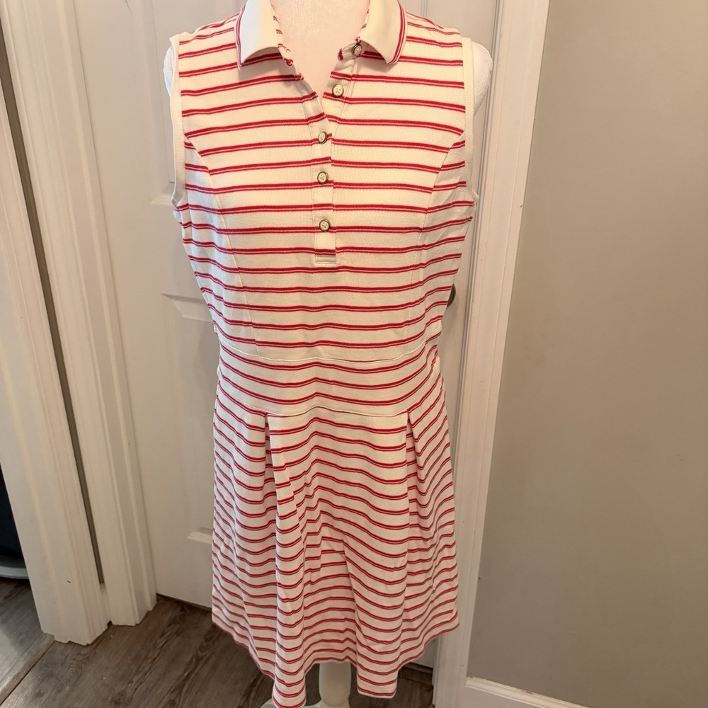 Tommy Hilfiger Sleeveless Polo Dress L Pink White Stripe Pleated Golf Tennis EUC - Picture 2 of 9
